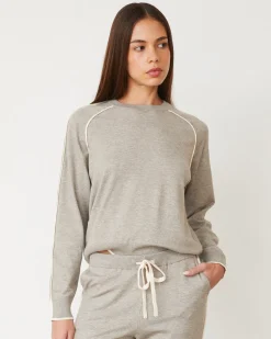 MONROW Lightknit Sweater With Contrast Piping HEATHERGREY Sale